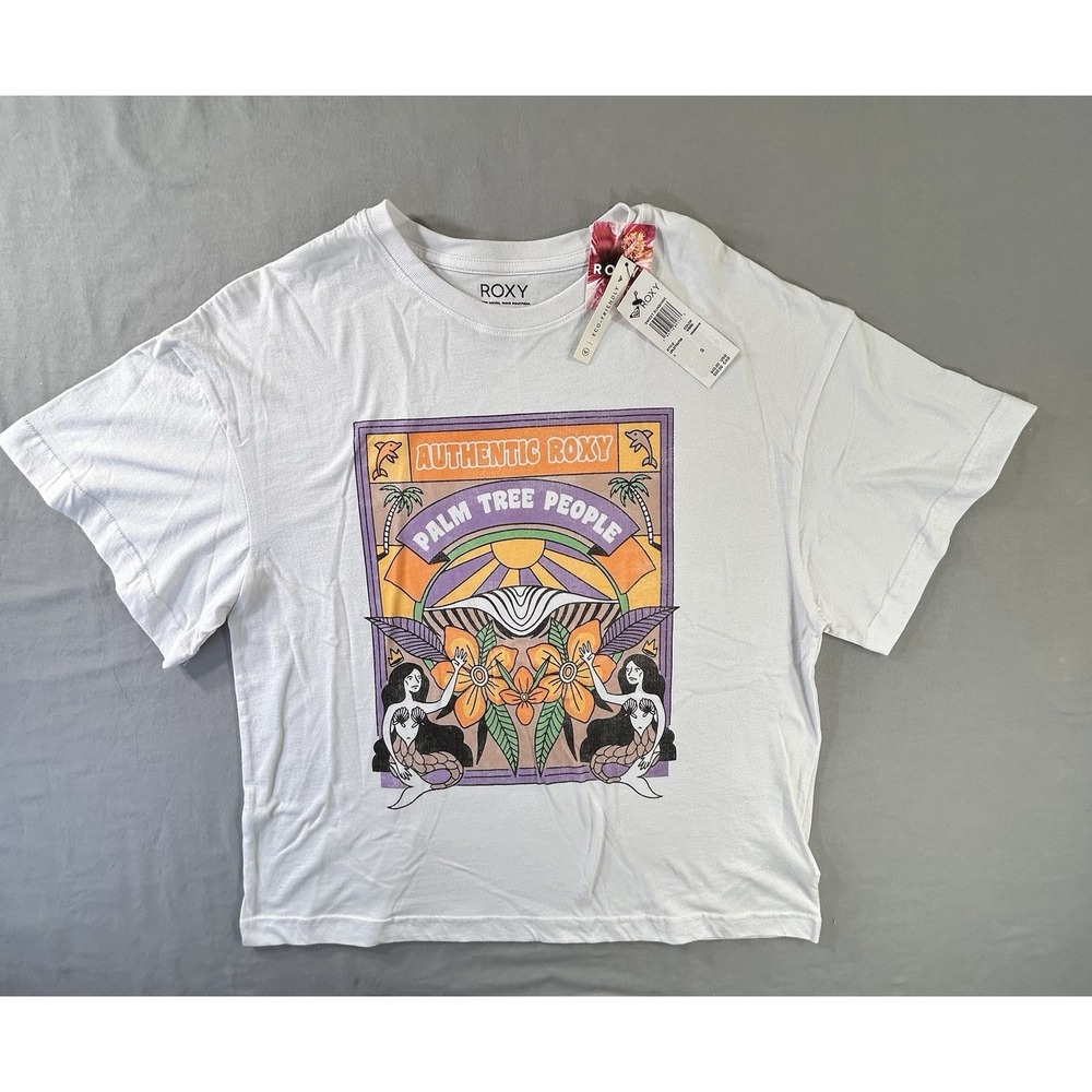 Roxy Palm Tree People Mermaid Oversized‎ Cropped Tee Womens Small Sweet Sunshine